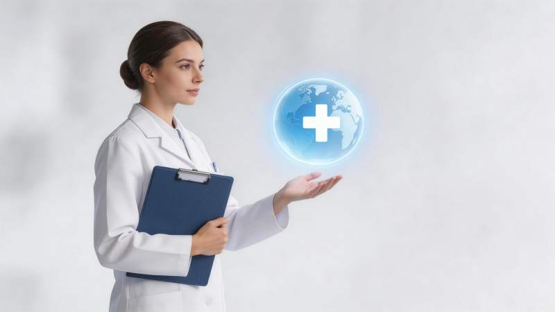 女医生手持病历夹展示发光地球医疗图标图片