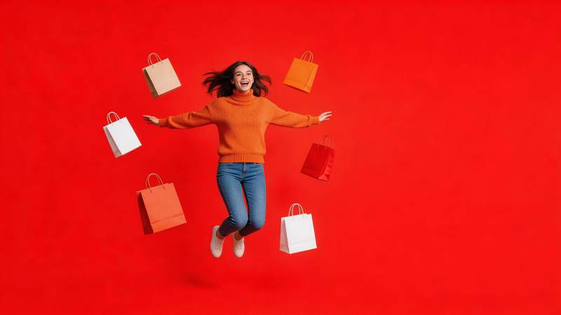 女子跳跃中环绕多个购物纸袋图片