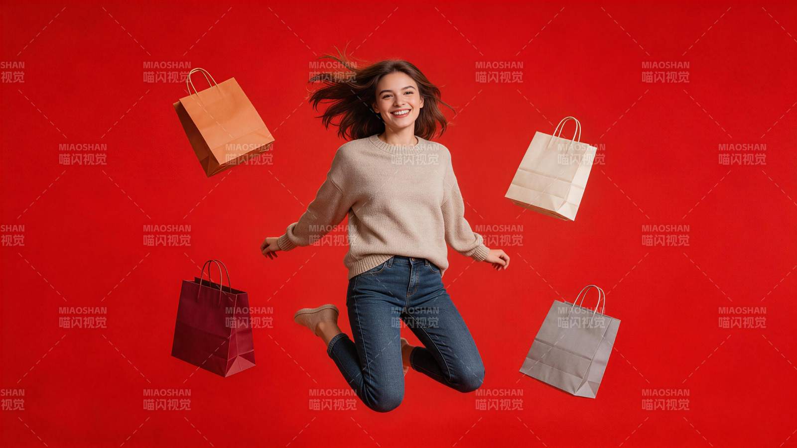 女子跳跃中环绕多个购物纸袋图片