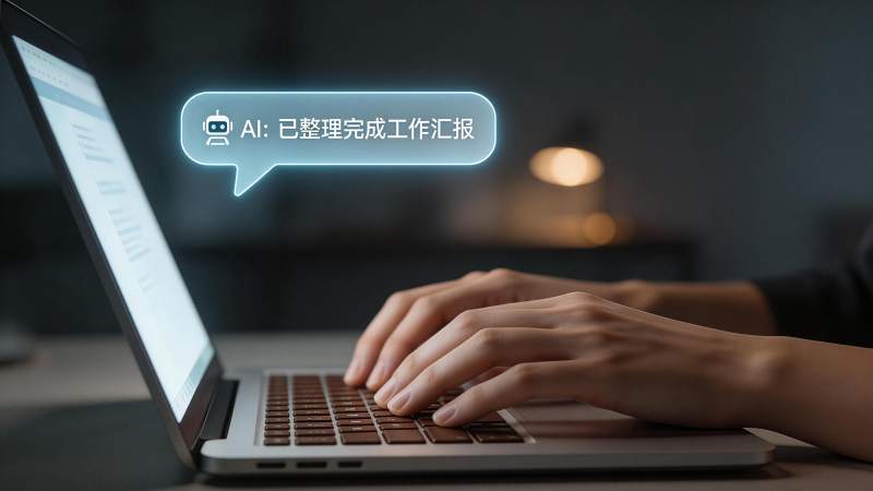 人用笔记本电脑工作AI生成汇报内容图片