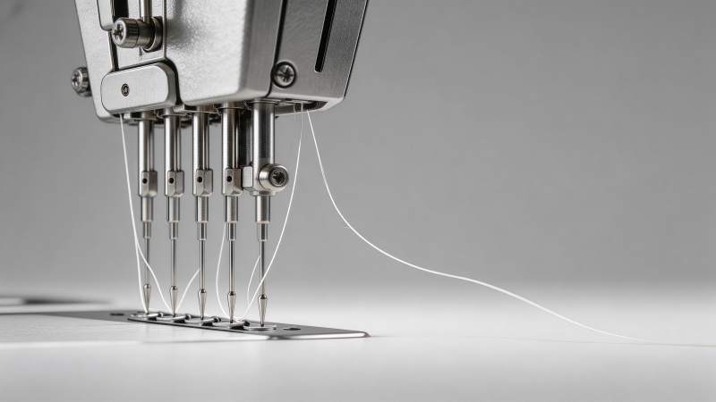 工业缝纫机多针头同步缝制特写图片