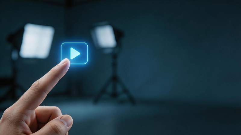 手指触碰发光播放按钮虚拟界面图片