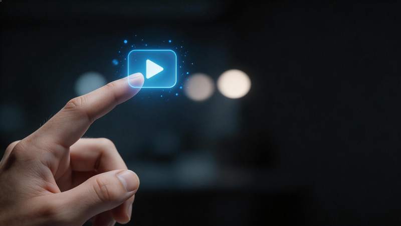 手指触碰蓝色发光播放按钮图标图片