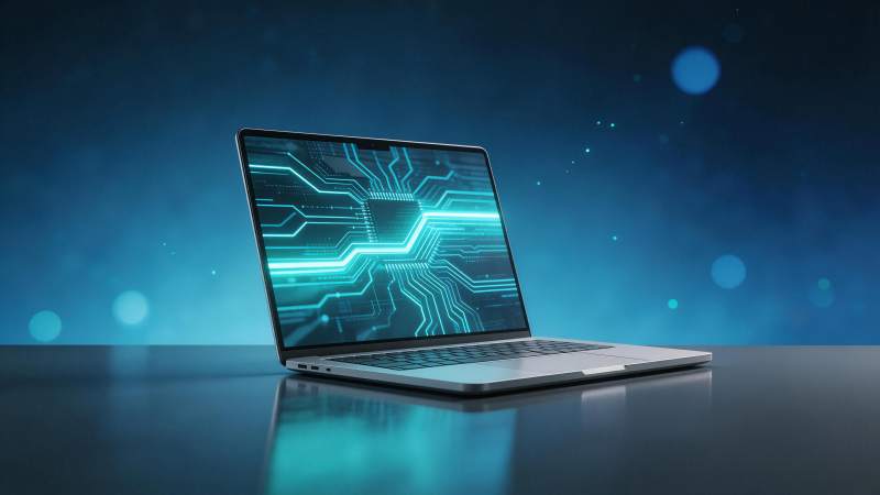 银色笔记本电脑屏幕显示蓝色电路图案图片