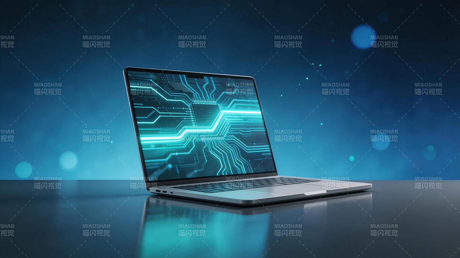 银色笔记本电脑屏幕显示蓝色电路图案图片