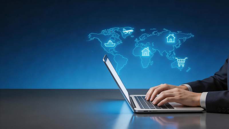 商务人士使用笔记本电脑连接全球网络服务图片