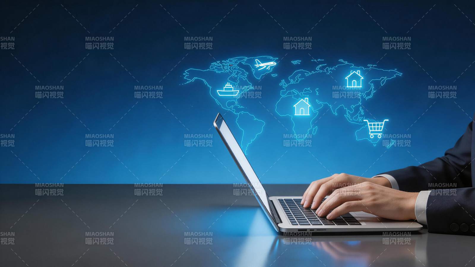 商务人士使用笔记本电脑连接全球网络服务图片