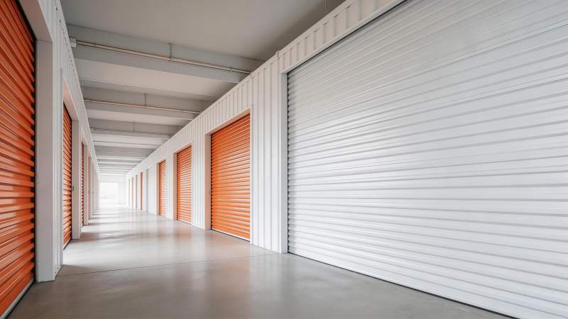 室内自助仓储走廊橙白卷帘门排列整齐图片