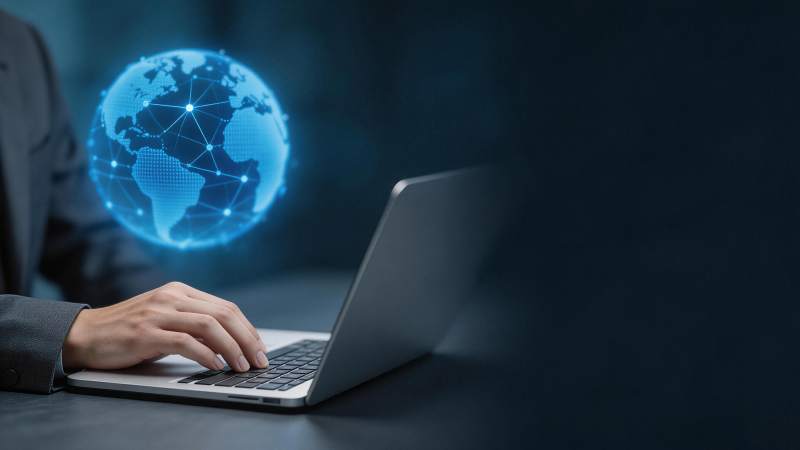 商务人士使用笔记本电脑连接全球网络图片