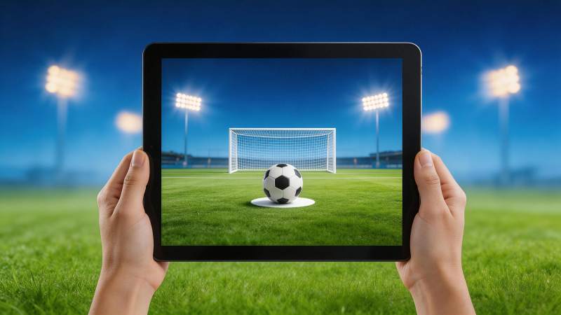 双手持平板显示足球场与球门场景图片