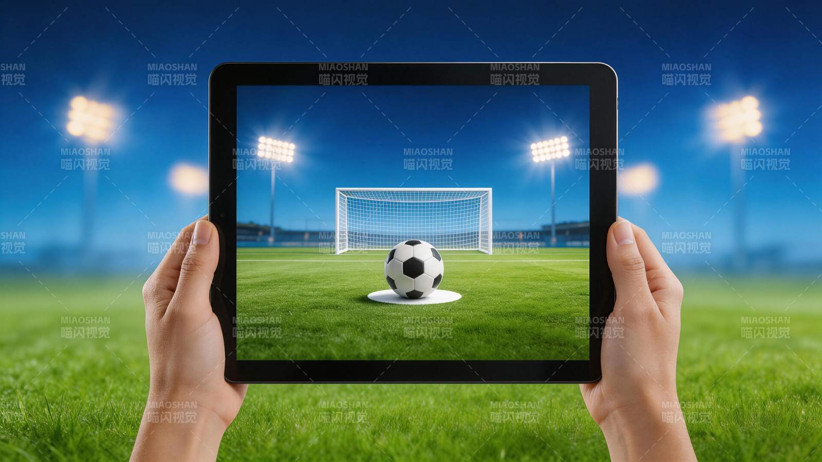 双手持平板显示足球场与球门场景图片