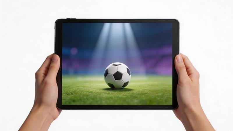 双手持平板显示足球场聚光灯下足球画面图片