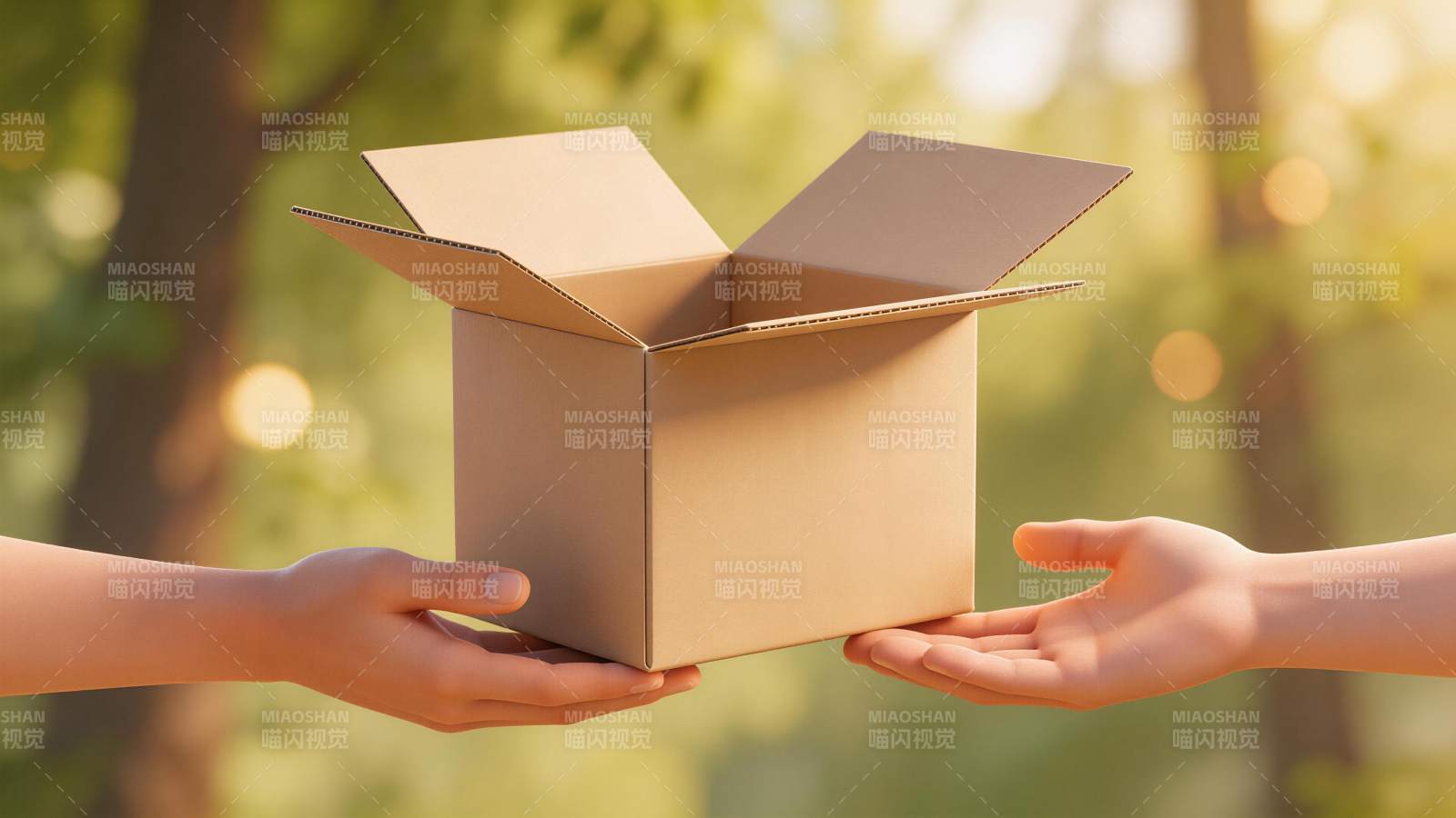 双手交接打开的纸板箱传递物品图片