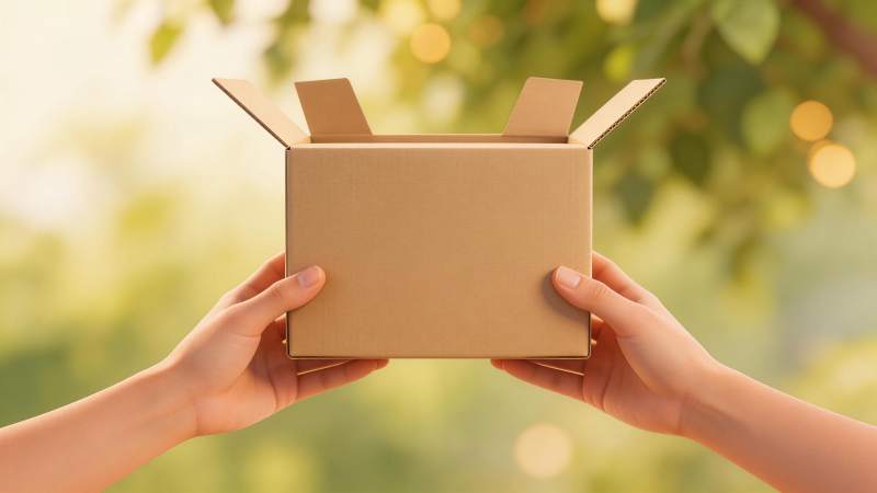 双手托举打开的棕色纸箱背景绿叶虚化图片