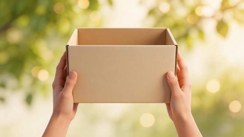 双手托举空纸箱置于自然光背景前图片