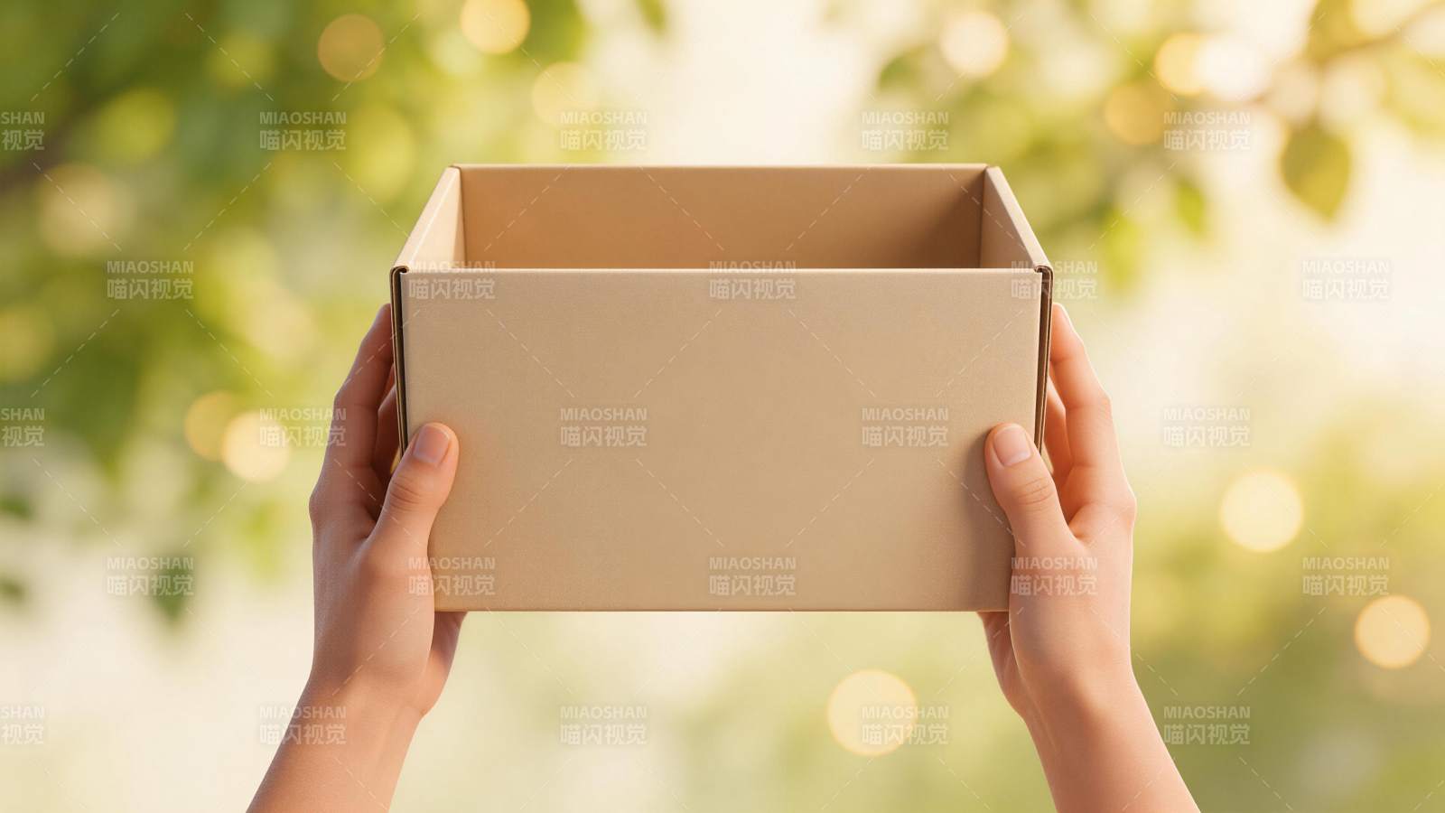 双手托举空纸箱置于自然光背景前图片
