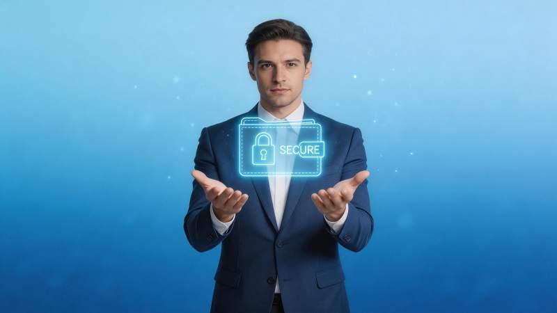 商务男士双手托举全息安全文件夹图标图片