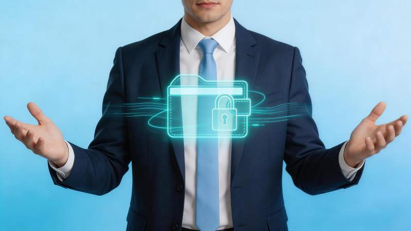 商务人士展示数字文件夹与锁图标象征数据安图片