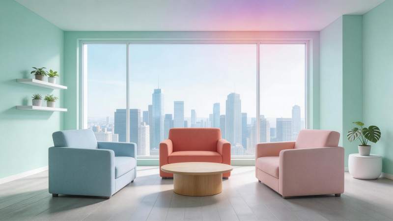 浅绿墙面现代客厅配三色沙发与城市景观窗图片