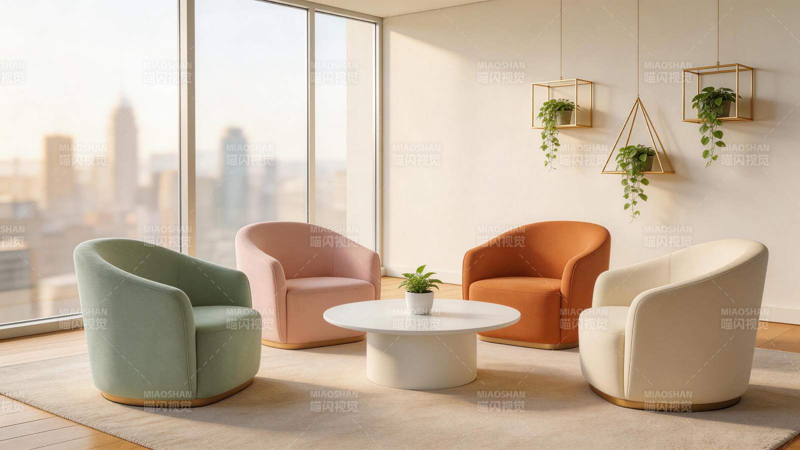 四把彩色单人沙发围合白色茶几的现代客厅场图片