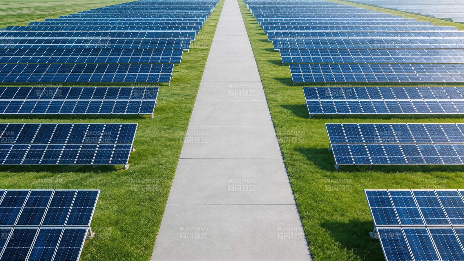 整齐排列的太阳能电池板阵列与中央通道图片