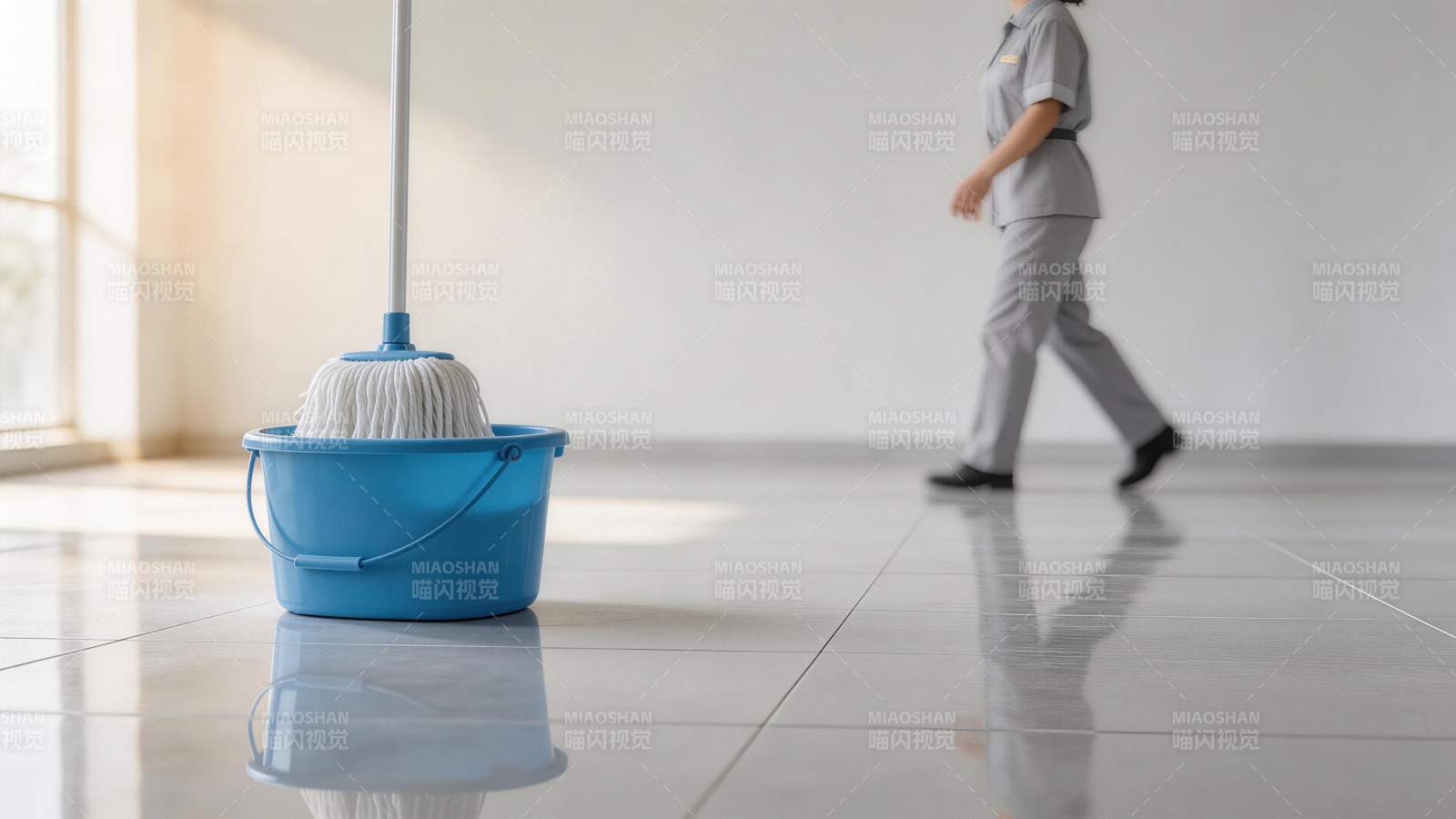蓝色拖把桶置于光亮瓷砖地面前景图片