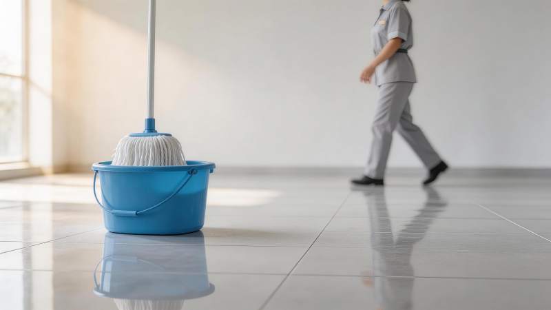 蓝色拖把桶置于光亮瓷砖地面前景图片