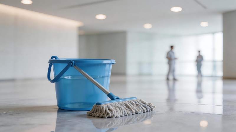 蓝色水桶与拖把置于光洁地面前景清晰图片