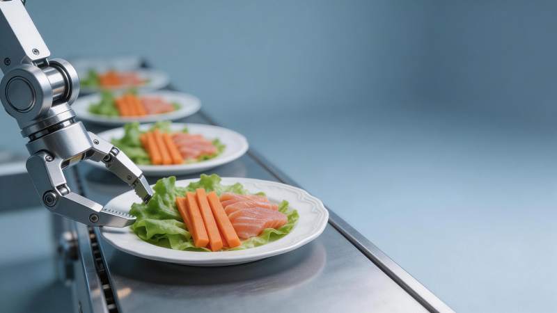 机械臂在传送带上精准摆放生鱼片与胡萝卜条图片