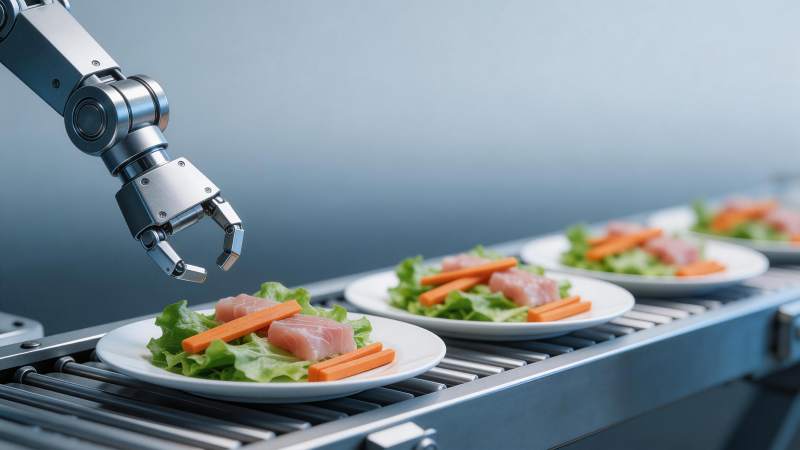 机械臂在传送带上精准摆放生鱼片沙拉图片