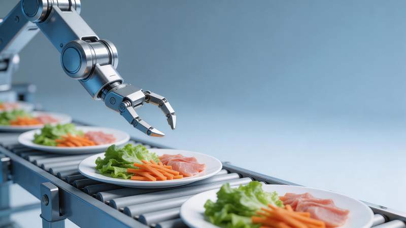 机械臂在传送带上精准摆放餐盘食材图片