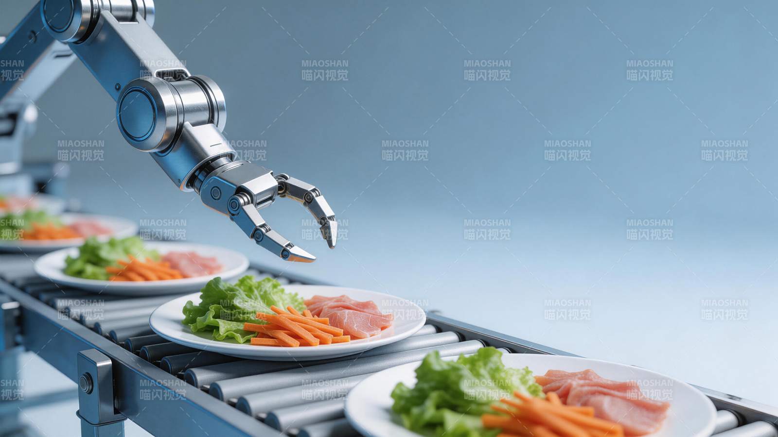 机械臂在传送带上精准摆放餐盘食材图片