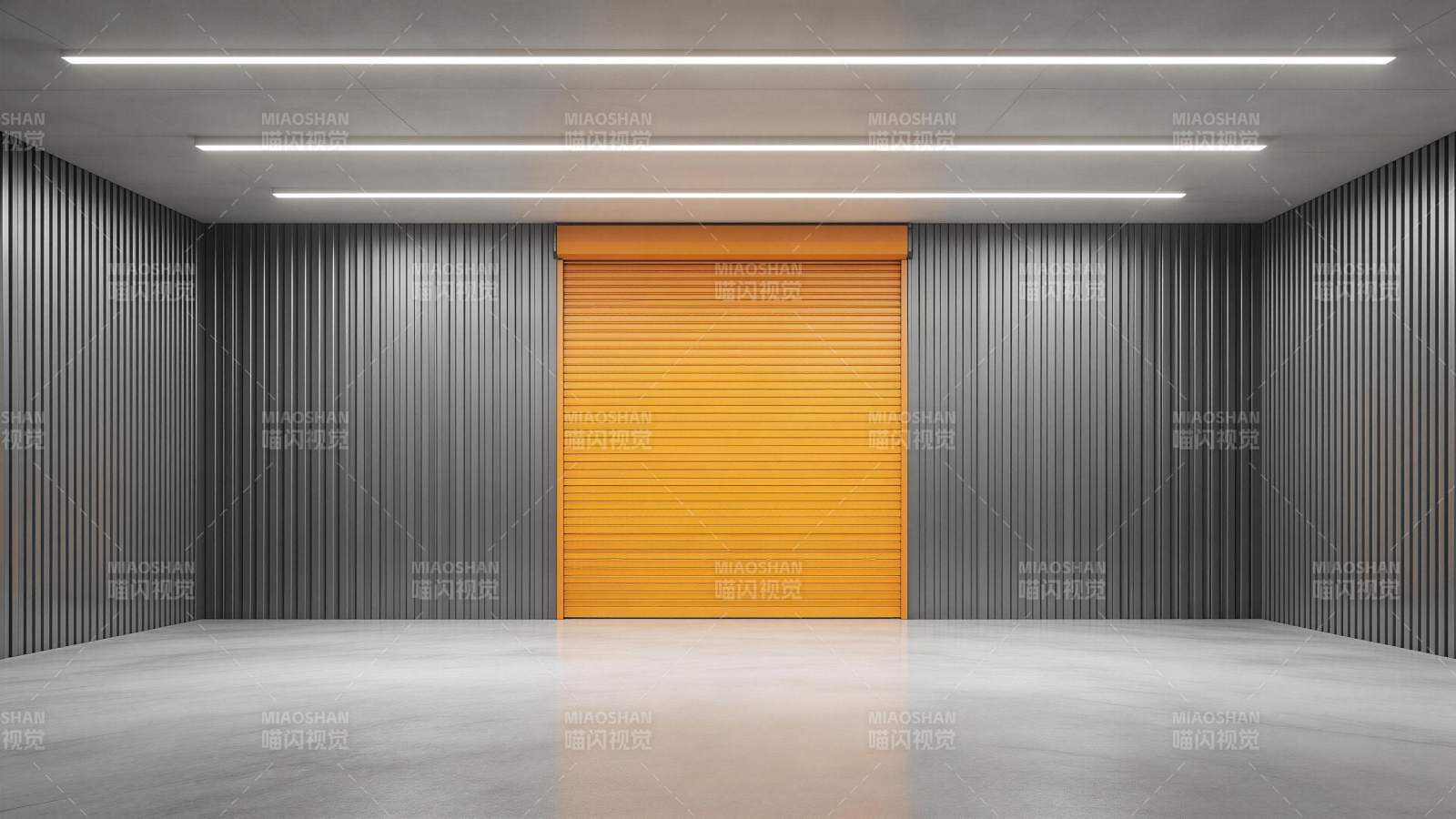 灰色波纹金属墙与橙色卷帘门的工业空间图片