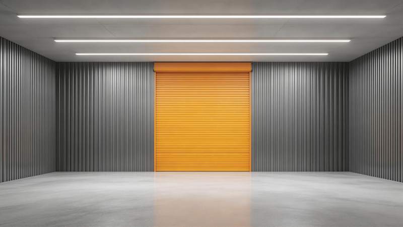 灰色波纹金属墙与橙色卷帘门的工业空间图片