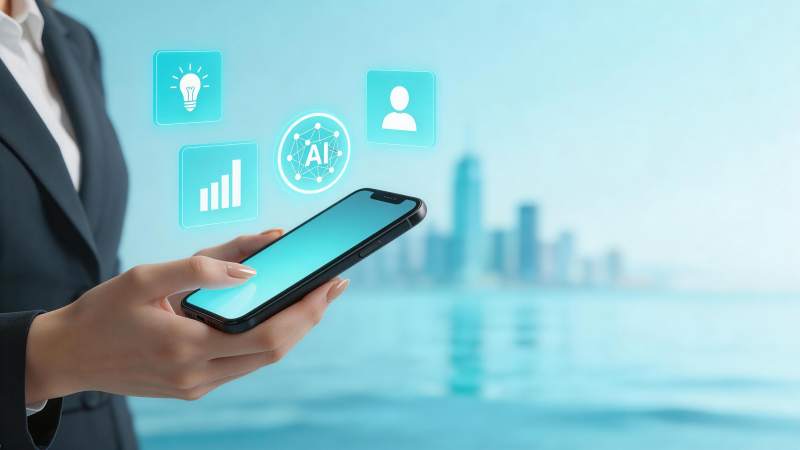 商务人士手持智能手机展示AI数据分析界面图片