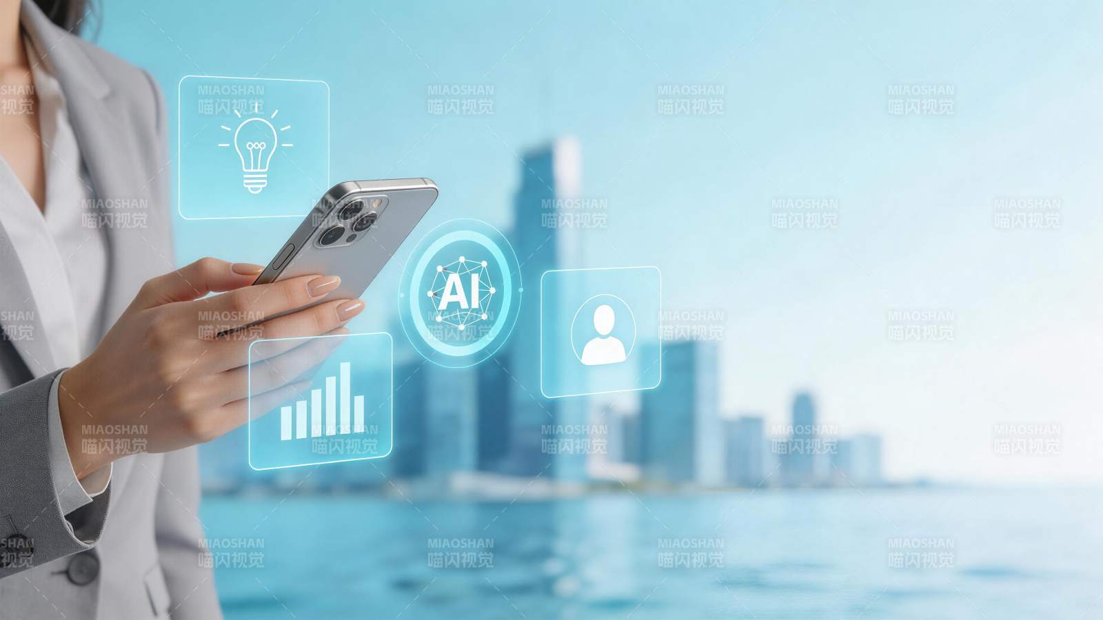商务人士手持手机展示科技图标界面图片