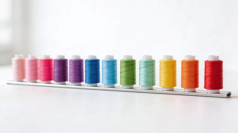 一排彩色缝纫线轴整齐排列在金属支架上图片