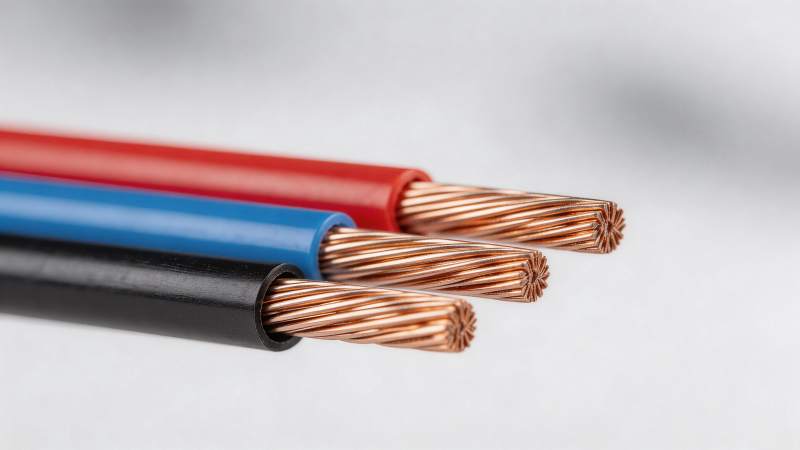 三根不同颜色绝缘层铜芯电线特写图片