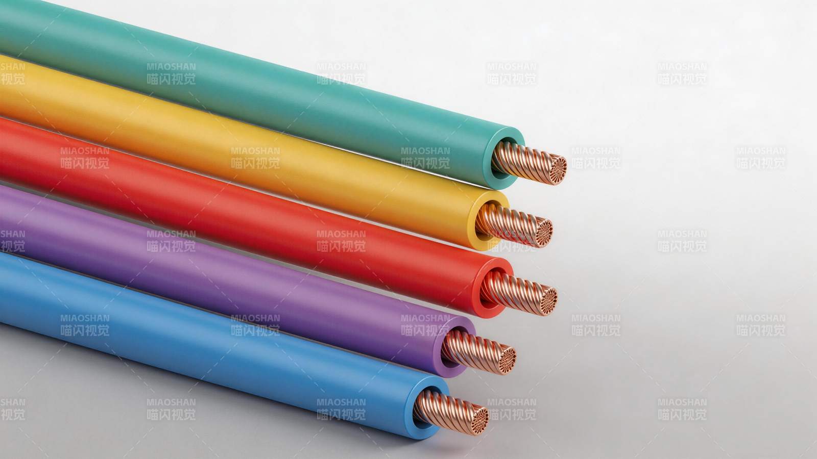 五色绝缘电缆并排展示铜芯截面图片