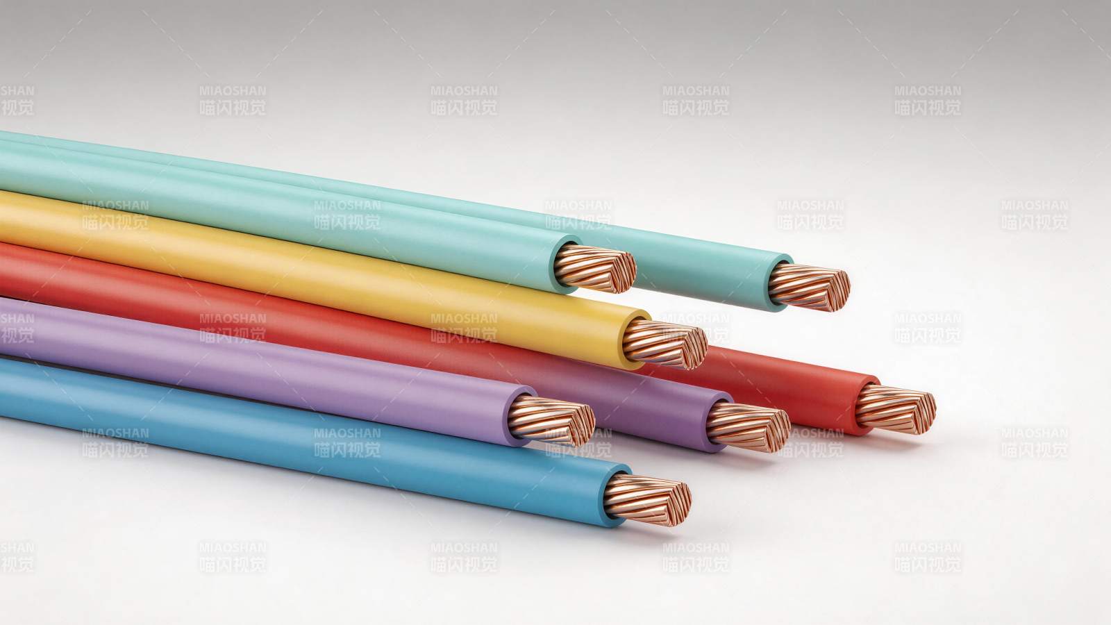 五种颜色绝缘铜芯电缆并列排列展示图片