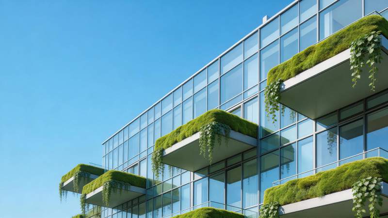 玻璃幕墙建筑阳台覆盖绿色苔藓植物图片