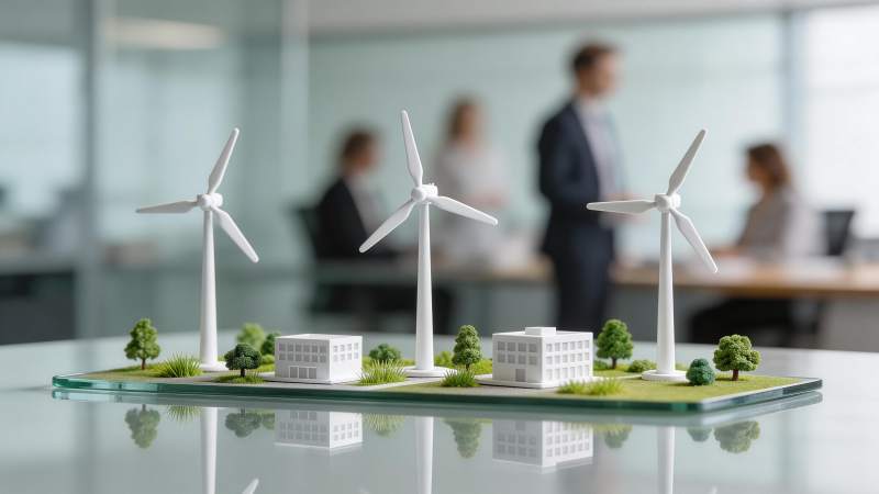 办公桌上风力发电模型与人物背景图片