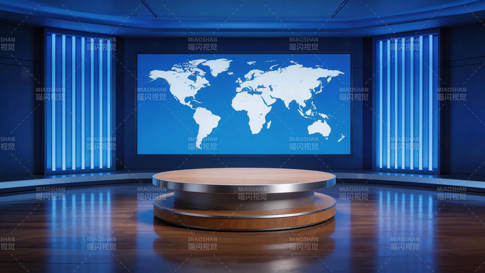 蓝色演播厅中央圆形讲台与世界地图背景图片