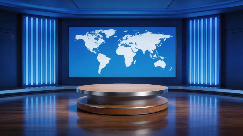 蓝色演播厅中央圆形讲台与世界地图背景图片