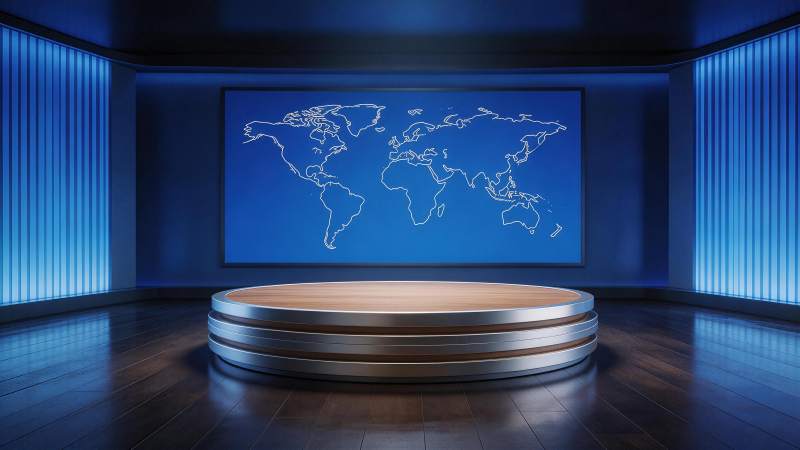 蓝色演播厅内世界地图背景与圆形讲台图片