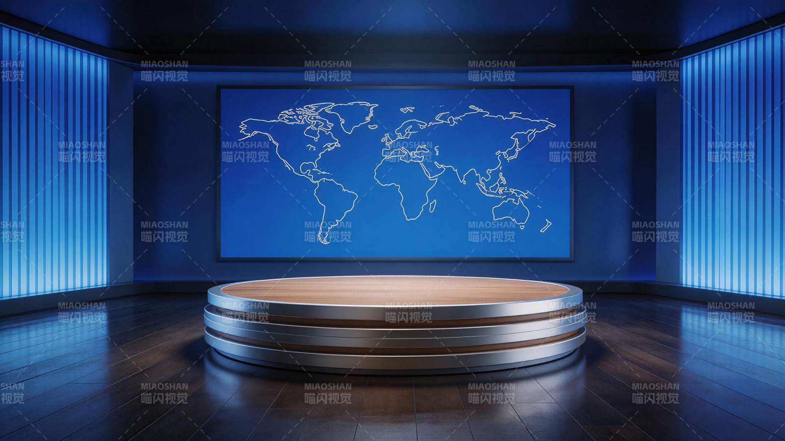 蓝色演播厅内世界地图背景与圆形讲台图片