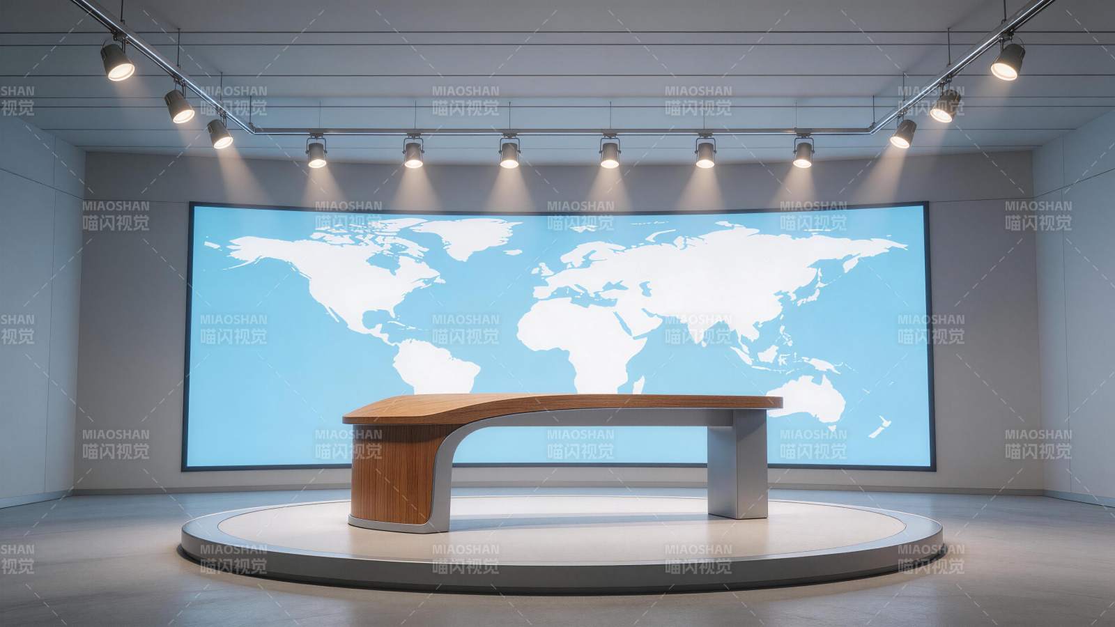 新闻演播室空置主播台与世界地图背景墙图片