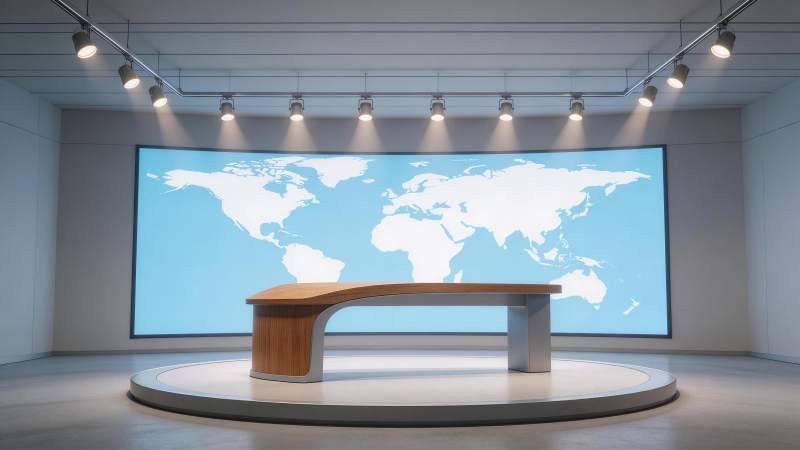 新闻演播室空置主播台与世界地图背景墙图片