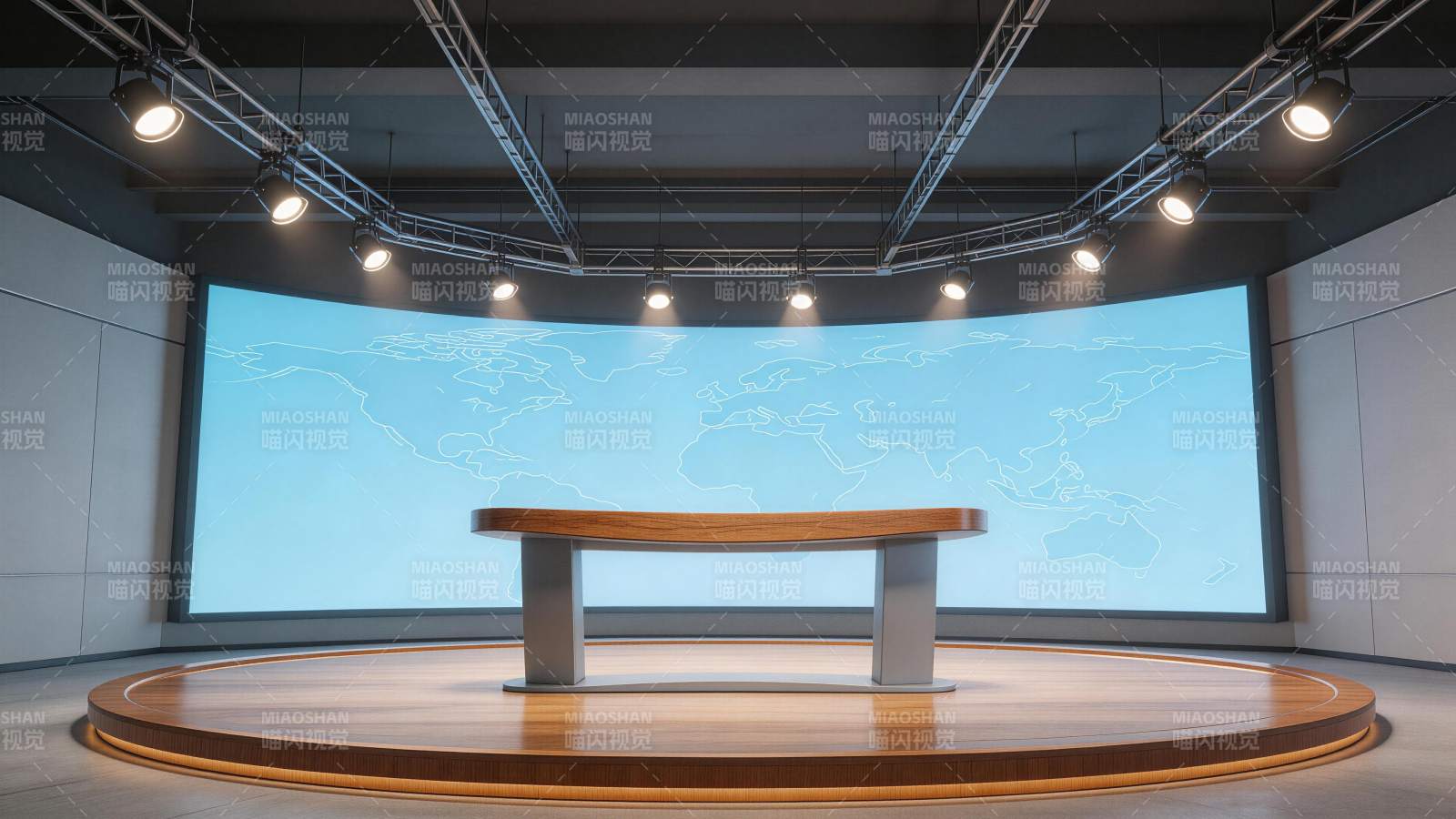 演播室内世界地图背景与木质讲台场景图片