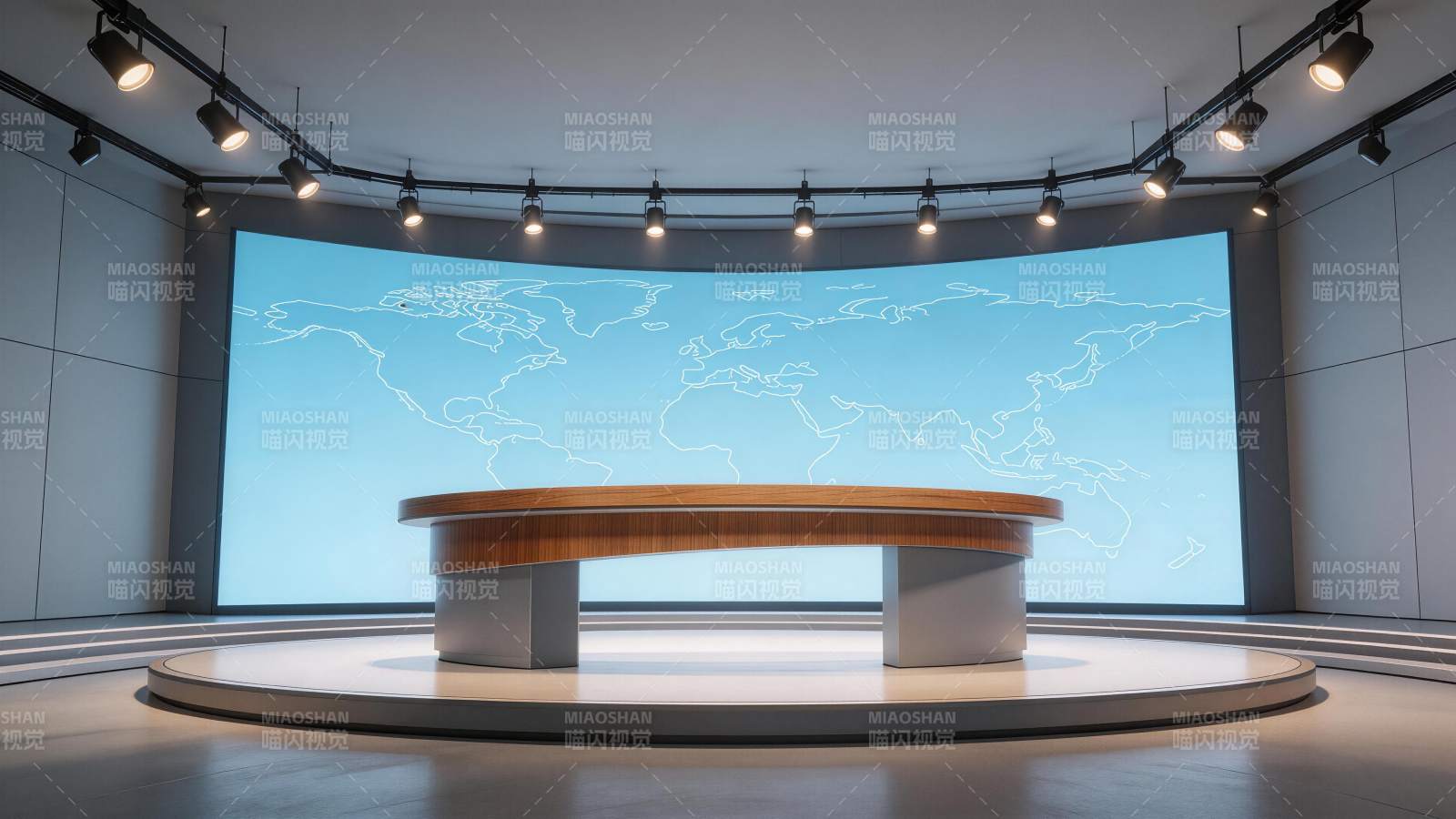 新闻演播室圆形主播台与世界地图背景图片